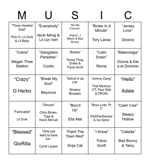 Metcalf Playlist Bingo Card