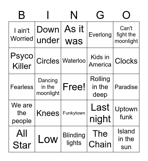 Musical Bingo Card