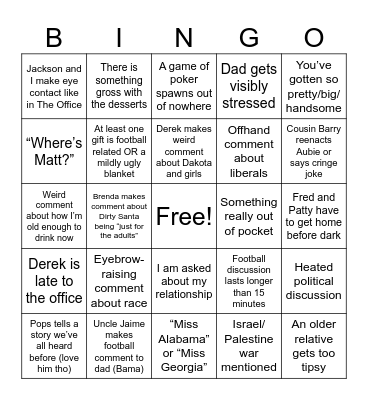 Butler Family Christmas Bingo Card