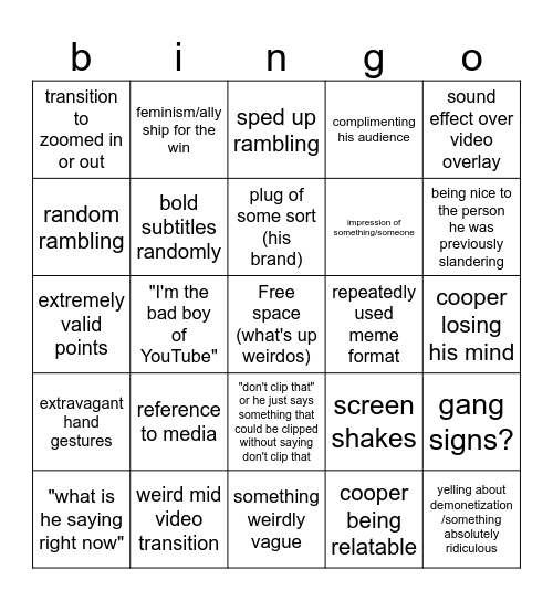 film Cooper video bingo (idk Bingo Card