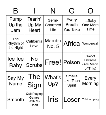 90's Jukebox BINGO!! Bingo Card