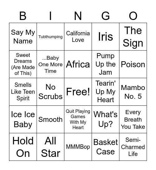 90's Jukebox BINGO!! Bingo Card