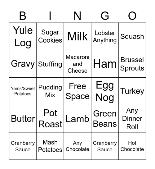 Holiday Food Bingo Card