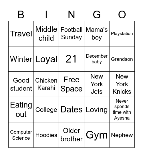 Fawwad's Birthday Bingo Card