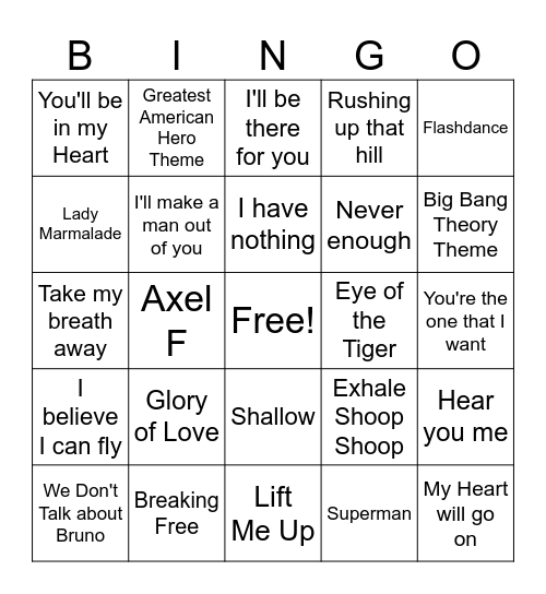 Movie/TV Songs Bingo Card
