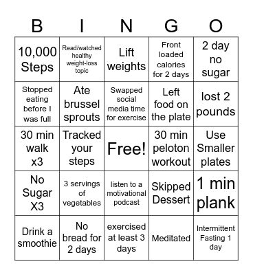 Healthy Lifestyle Bingo Card