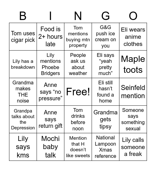 A Very Young Christmas Bingo Card