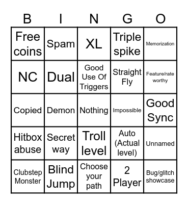 Geometry Dash Recent Tab Bingo Card