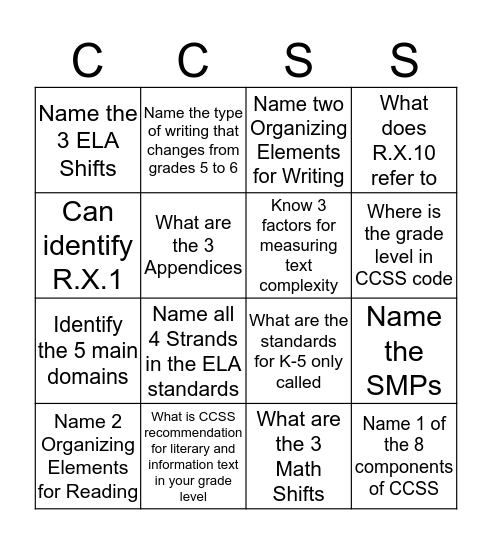 CCSS Bingo  Bingo Card