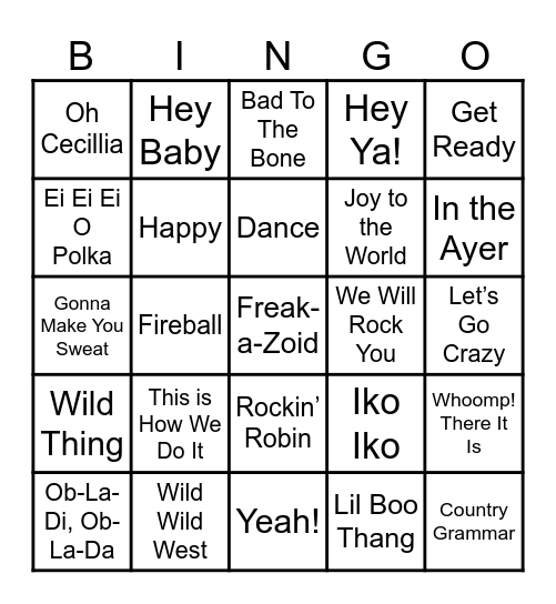 Tailgate Music Bingo Card