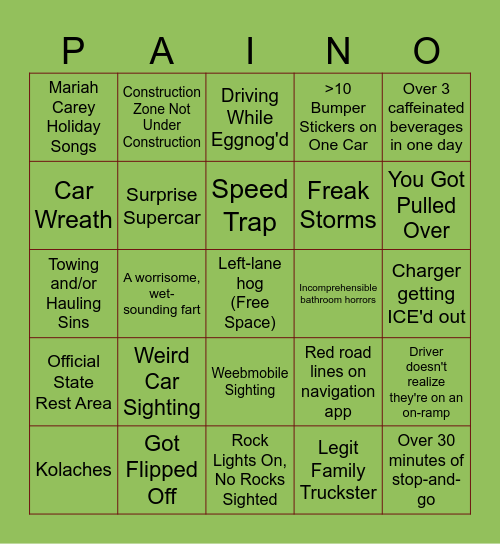 Holiday Driving Hellscape Bingo Card