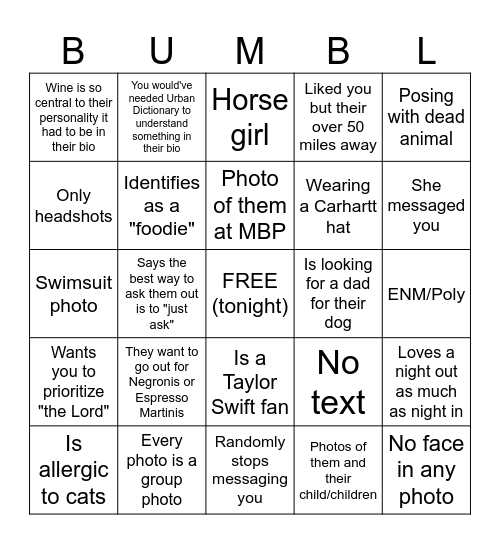 Dating Sucks Bingo Card