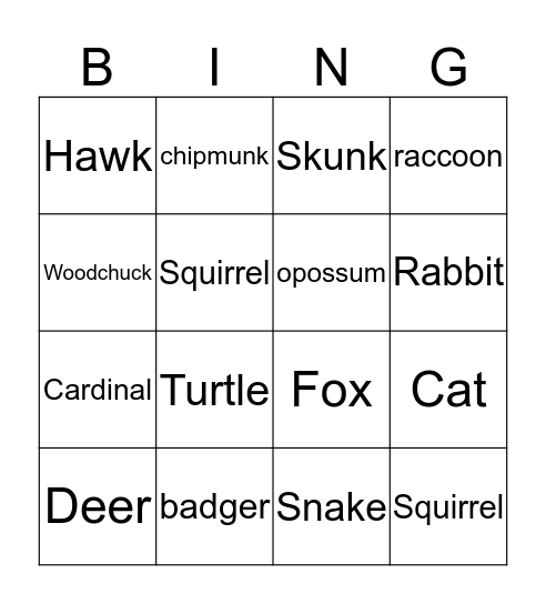 Road Kill Bingo Card