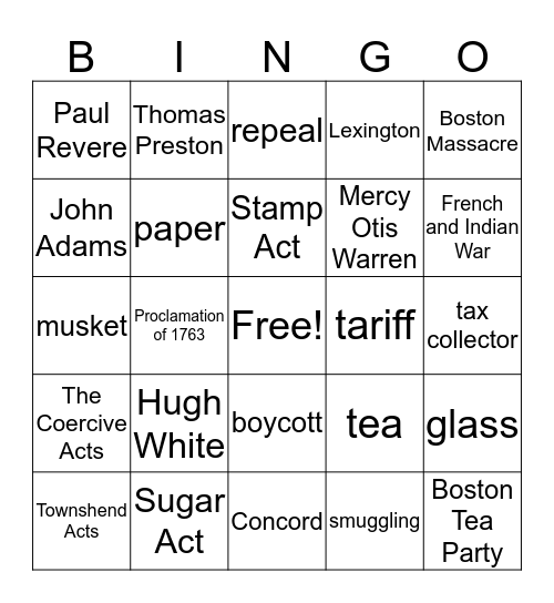 Road to Revolution! Bingo Card