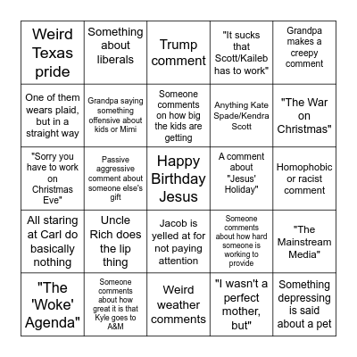 Shitty Family Christmas Bingo Card