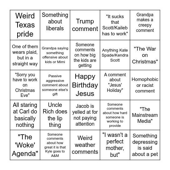 Shitty Family Christmas Bingo Card