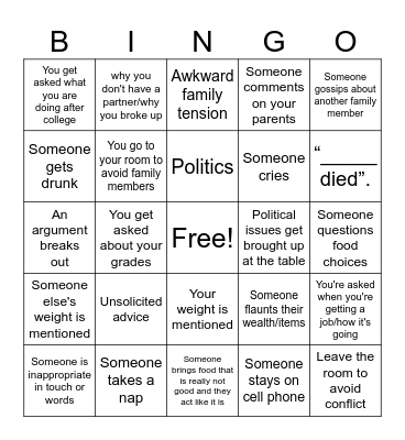 Dysfunctional Family Bingo Card