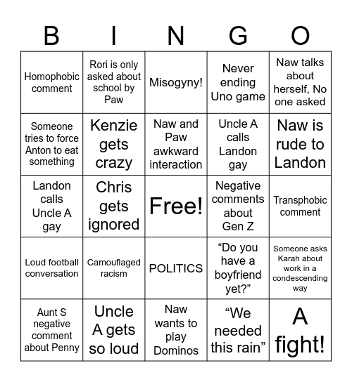 Family Crisismas Bingo Card