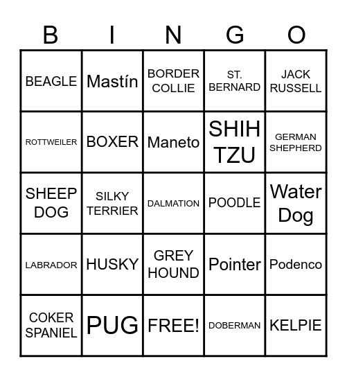 DOG BREEDS Bingo Card