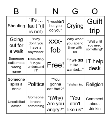 Family Holidays Bingo Card