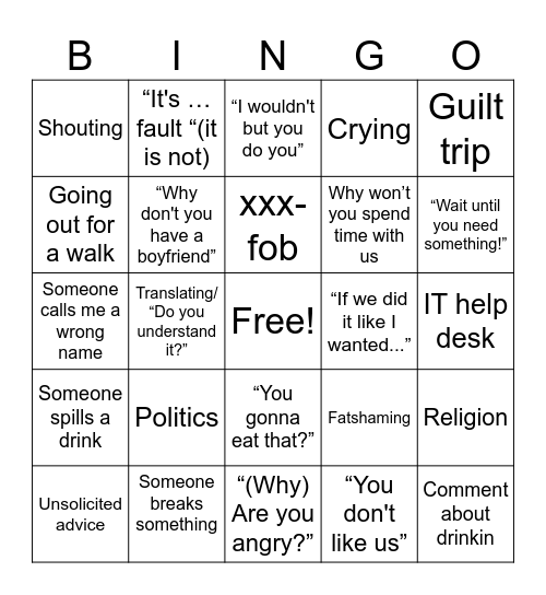 Family Holidays Bingo Card