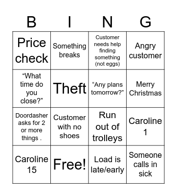 Christmas Eve at Coles Bingo Card