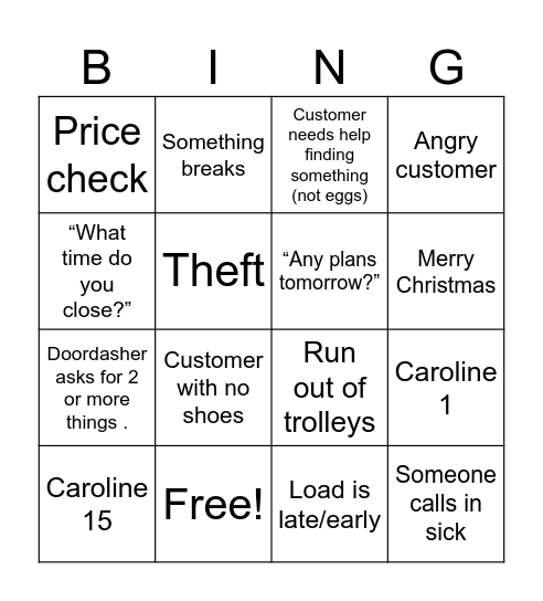 Christmas Eve at Coles Bingo Card