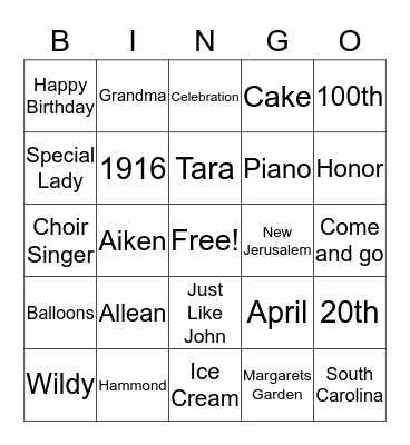 Ms. Hammond's 100th Birthday Bingo Card
