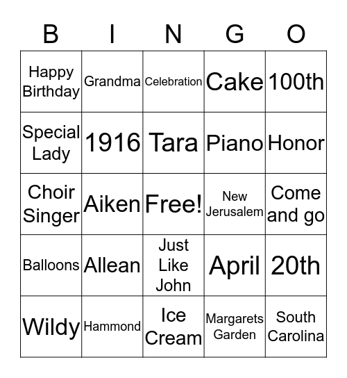 Ms. Hammond's 100th Birthday Bingo Card