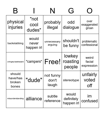 Total Drama Bingo Card