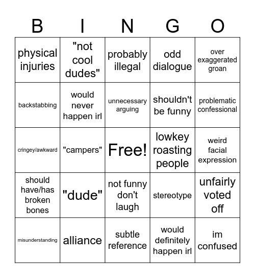 Total Drama Bingo Card