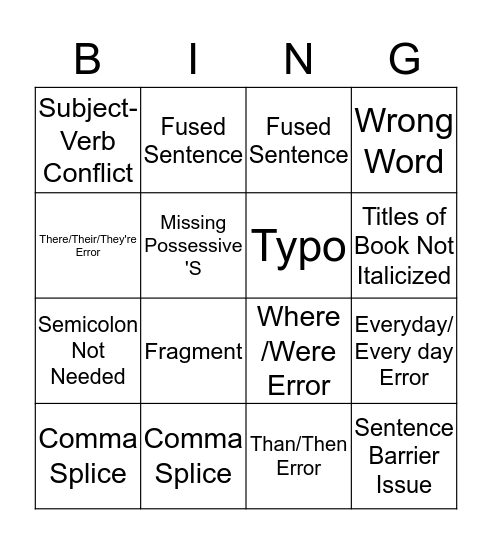 Editing Errors Bingo Card