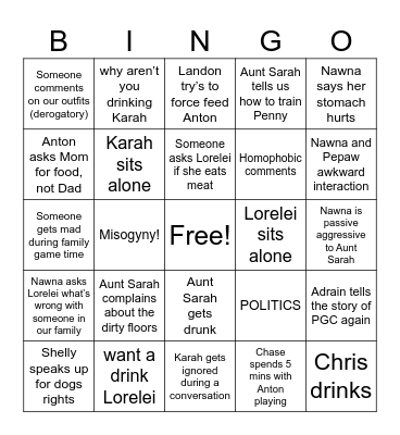 Family Crisismas Bingo Card