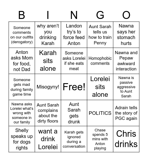 Family Crisismas Bingo Card