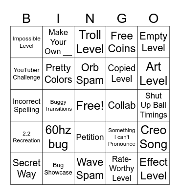 Geometry Dash Recent Tab Bingo Card