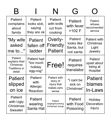 Holiday Urgent Care Bingo Card