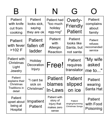 Holiday Urgent Care Bingo Card