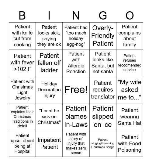 Holiday Urgent Care Bingo Card