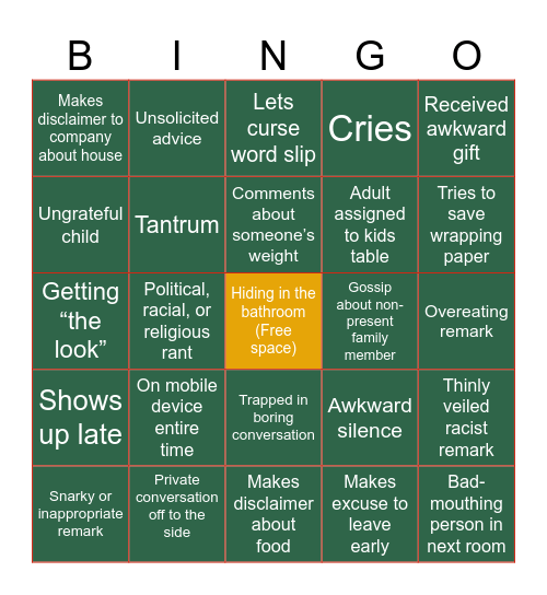 Christmas with the Family Bingo Card