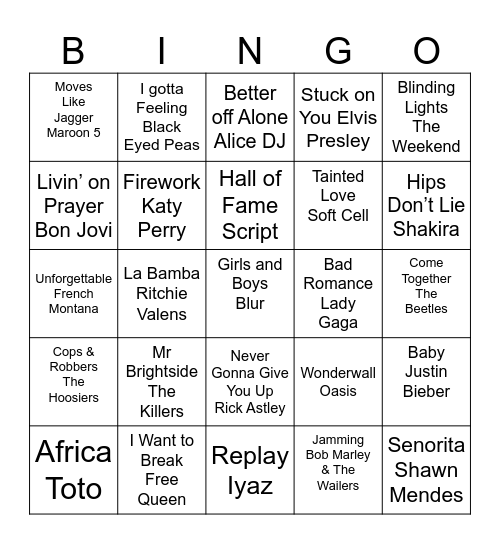 Rock and Roll Bingo Card