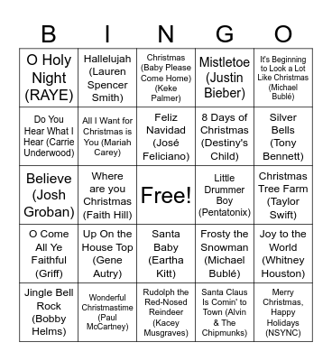 Christmas Songs Bingo Card