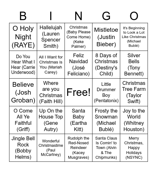 Christmas Songs Bingo Card