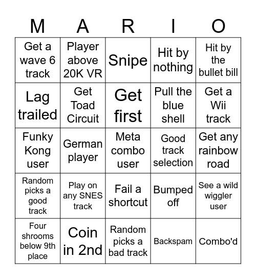 Mario Kart Bingo Card