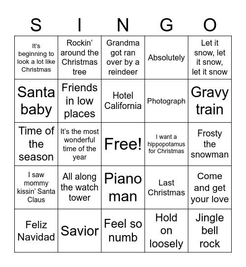 Santa’s Singo Bingo Card