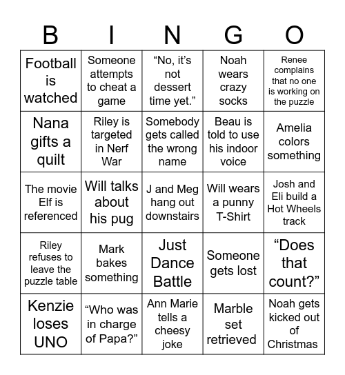 Etsler Family Bingo Card
