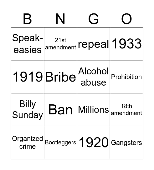 Prohibition Bingo Card