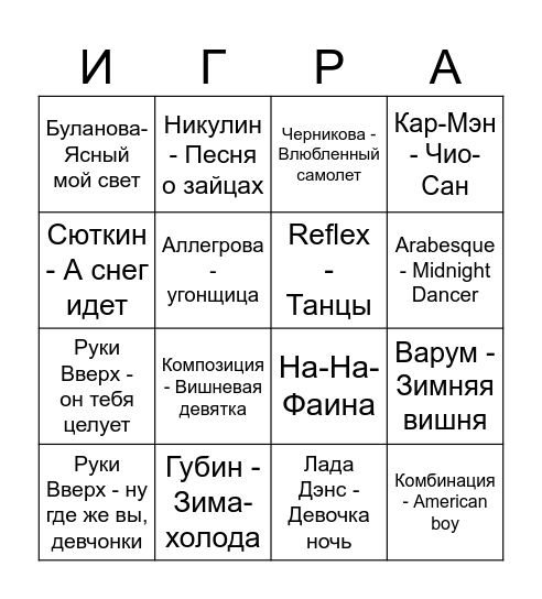 Новогоднее музыкальные БИНГО Bingo Card