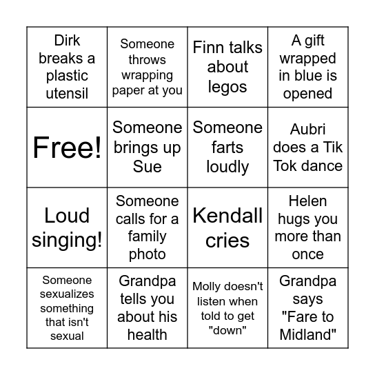 2023 Cousin Xmas BINGO Card