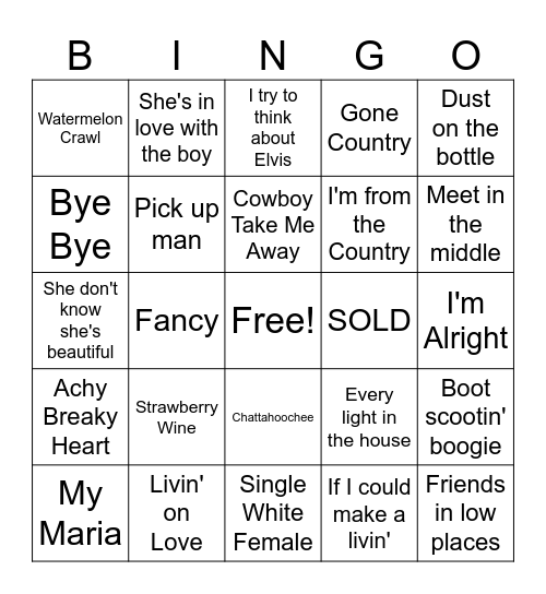 90s Country Music Bingo Card