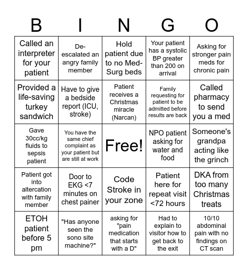 ER Christmas Bingo Card